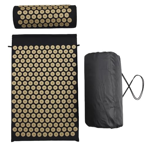 指圧マット 瑜伽? 腹筋ローラー マット 足裏マッサージ 足つぼ 指圧板スパイクヨガ マッサージリラクゼーションを逃がし痛み鍼と枕 指圧と枕のセット グレー 背中/首 サポート 筋肉をリラックス -ネイルマッサージピローパッド (ブラックゴールド,クッショ