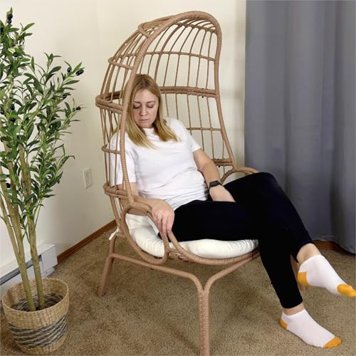 DWVO Narrow Egg Chair Wicker, Patio Rattan Basket Chair with 370lbs Capacity Outdoor Indoor Egg Chairs with Stand & Cushion Cocoon for Bedroom, Patio, Balcony, Beige
