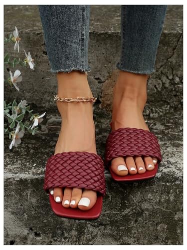 Women's Braided Flat Sandals Woven Square Open Toe Slip on Beach Slide Sandals3