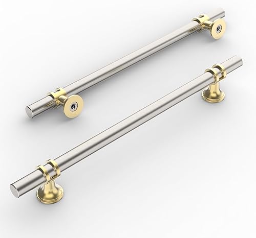 Amerdeco ZH0058 - Paquete de 10 tiradores de gabinete de níquel satinado cepillado y dorado de 7.5 pulgadas (7.559 in) con agujeros centrales,