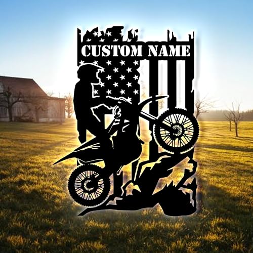 Image of Custom US Motocross Biker Metal Wall Art LED Light, Personalized Dirt Bike Name Sign Home, Motorcycle Decor, Rider Decoration Man Cave Xmas, Birthday Gift, Christmas Gift