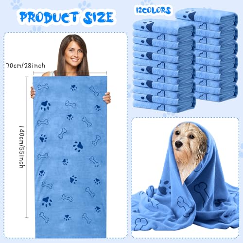 Tatuo 12 Pcs Dog Grooming Towels 28 x 55 Inch Microfiber Drying Pet Bath Towels Dog Absorbent Towel Quick Drying Puppy Bathing Supplies for Small Medium Large Puppy Cat(Blue,Paw, Bone) - Image 3
