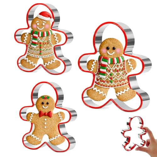 3 PCS Gingerbread Man Cutters Gingerbread Man Cookie Cutters Set Biscuit Cutter for DIY Chirstmas Party Decorations(Silver Stainless Steel Dishwasher Safe)