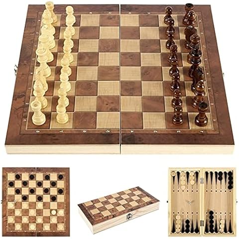 Sunshine smile Schachspiel aus Holz,3 in 1,Tragbare Holz Schachbrett,Chess Board Set klappbar,Schachspiel Für Party Familie Aktivitäten Cover