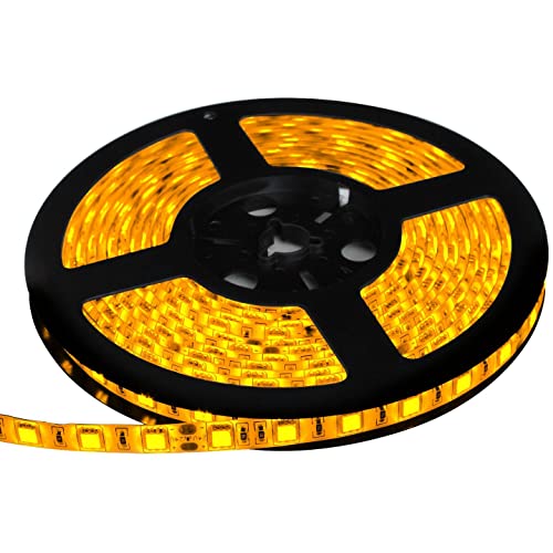 Waterproof Yellow LED Strip Light, 16ft/5m SMD5050 300 LEDs DC12V Flexible Cuttable LED Tape (No 12V Power Plug/Adapter)