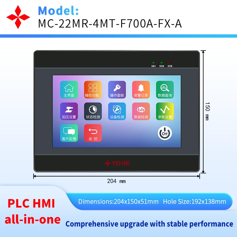 7 Inch PLC HMI All in One Integrated Programmable Logic Controller, 12 Input 10 Relay Output, 2 High Speed Input & Output 100KHz (22MR-F700-FX-A)