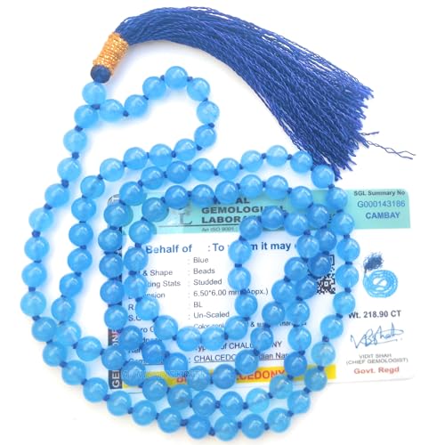 Image of Apnisanskriti Premium Blue Chalcedony Stone Mala for Men and Women (6mm, AAA Quality, Lab Certified, 108+1) - Natural Stone Beads Mala - Light Blue Colour - Pack of 1
