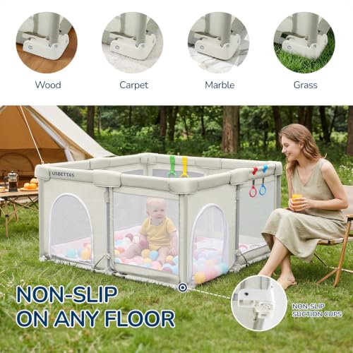 Image of Foldable Baby Playpen, 50 inchx50 inch, Beige | 1-Minute Setup, Lightweight Portable, Carry Bag Included, Indoor Outdoor Use, For Babies & Toddlers