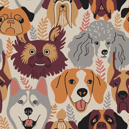 CRE8TIVE Papier Peint Adhesif Mural Chien Vinyle Adhesif Autocollant Animalier Chiot Gris Orange 30.5 x 300cm Papier Peint Chambre Enfant Impermeable Papier...