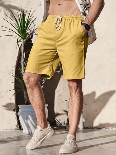 Image of Comdecevis Men's Linen Shorts Casual Elastic Waist Drawstring Summer Beach Vacation Yoga Golf Shorts with Pockets