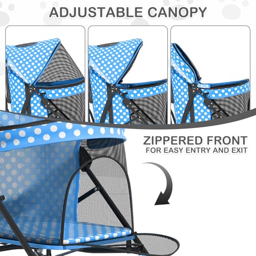Image of MoNiBloom 4 Wheels Pet Stroller, Easy-Fold Umbrella Shaped Dog Cat Jogger Stroller w /Storage Bag & Visible Mesh for Small /Medium Dogs Cats Sky Blue Polka Dots