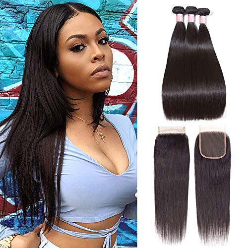 Brazilian Straight Hair Bundles With Closure 3bundles 7A Unprocessed Virgin Hair With Lace Closure Human Hair Bundles With Free Part Lace Closure (12 12 12+12” Free Part Closure)