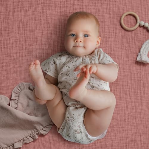 Image of Blissful Diary Muslin Mini Crib Sheets, Pack and Play Mattress Sheets Fitted for Pack N Play, Soft Cotton for Boys Girls, 2 Pack(Dusty Pink&Rainbow)
