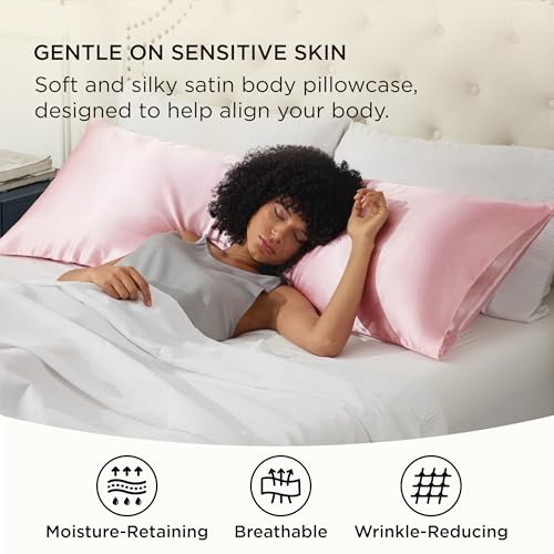 Image of Bedsure Body Pillow Cover 20x54 Inches - Pink Satin Similar to Silk Pillowcase for Hair and Skin, Cooling and Silky Long Body Pillow Pillowcase with Envelope Closure, Gifts for Women Men