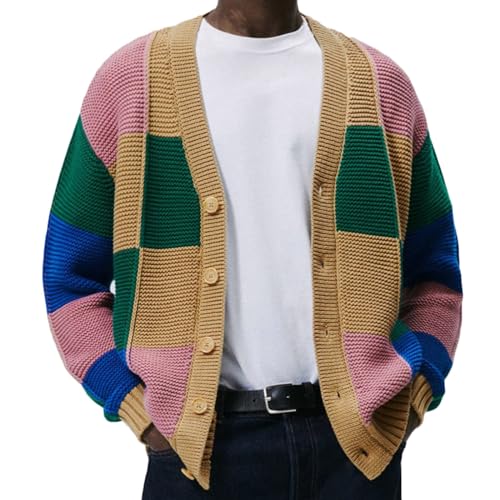 Men's Color Block Cardigan Sweater V Neck Button Up Knitted Long Sleeve Casual Knitwear Lightweight Loose Sweaters2