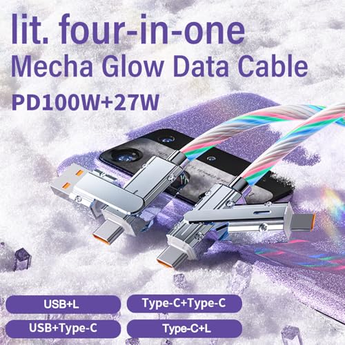 Image of 4IN1 Multi Ports USB Charger Cable USB A /USB Type C to USB Type C PD Fast Charging Cord Light Up LED Current to be a Night Light Compatible with Most of Devices-39 inches Red
