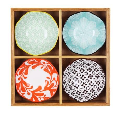 お皿 小皿セット和風 小皿セット 竹トレイ 陶器 前菜皿 深型 仕切り付き 天然木 9点セット小鉢 醤油皿 前菜皿 盛り鉢 和食器 セラミック アイスクリーム ソース皿 火鍋 焼肉屋 寿司屋 食洗機 (B,4宮格+荷口皿)