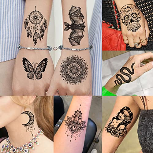 Image of VANTATY 64 Sheets Tribal Vintage Black Lotus Temporary Tattoos for Women Girls, Bohemia Mandala Flower Fake Sleeve Tattoos for Adults Owl Moon