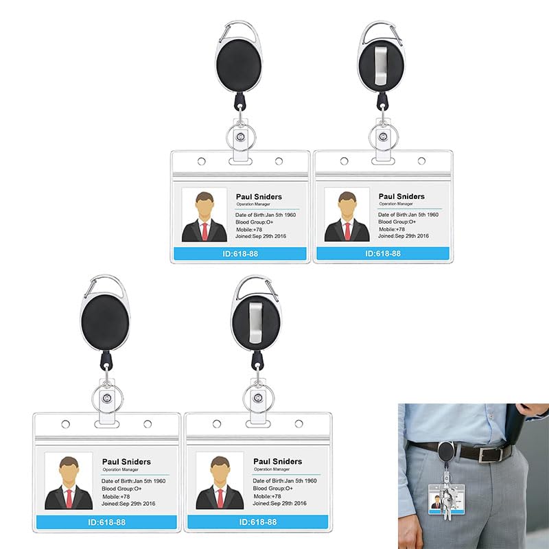 X spring Id Badge Holder with Clip, 4 Pack Retractable Badge Holders with 70cm Pull Cord, Clear Id Card Holders, Badge Holders for Credit Cards, Ids, Driver’s Licenses and Passes (Horizontal)