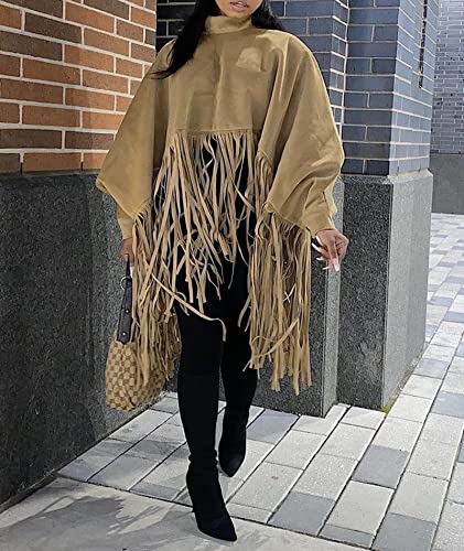 ECDAHICC Women's Tassel Ponchos Cape Cloak Coat Woolen Turtleneck Shawl Pollover Plus Size Fringe Sweatshirt Top2