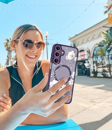 Image of VONZEE Compatible with Samsung Galaxy S25 Plus 5G Case Luxury Retro Flowers Floral Clear for Magnetic Wireless Charging Case Shockproof Case PC+TPU Cute Glossy Shiny Cover for Girls Women, Deep Purple