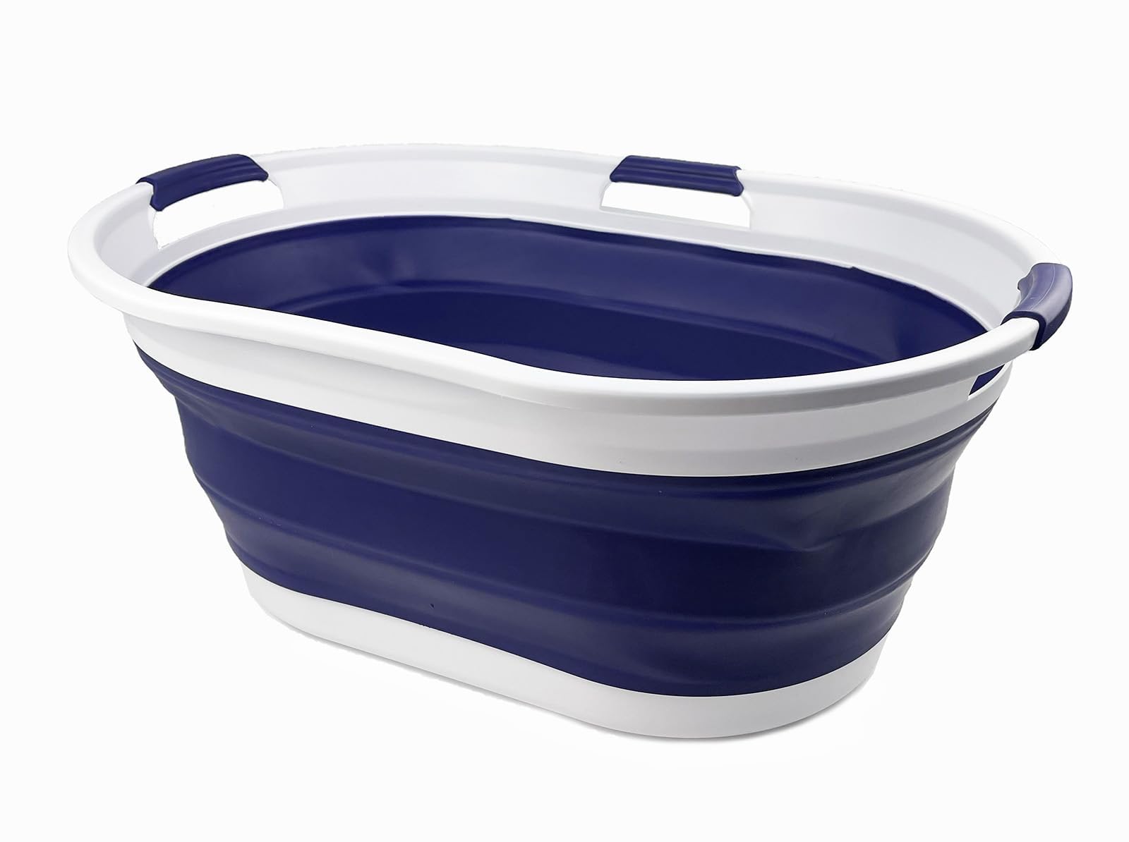 SAMMART 44L Collapsible Plastic Laundry Basket - Foldable Pop Up Storage Container/Organizer - Portable Washing Tub - Space Saving Hamper/Basket - Water Capacity: 35L (1, White/Navy Blue)
