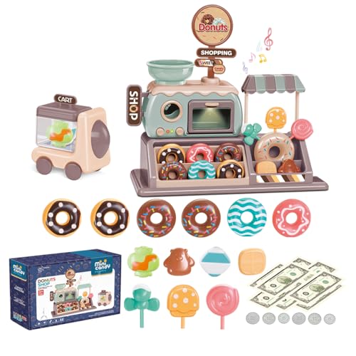 Pretend Play Donut Toy Candy Store Toy Realistic Functional Donut Oven with Lights and Sound Carrier Cart Candy Shop Toys 34pcs Kids Shopping Store Play Money Dessert Toy Educational Playset for Kids
