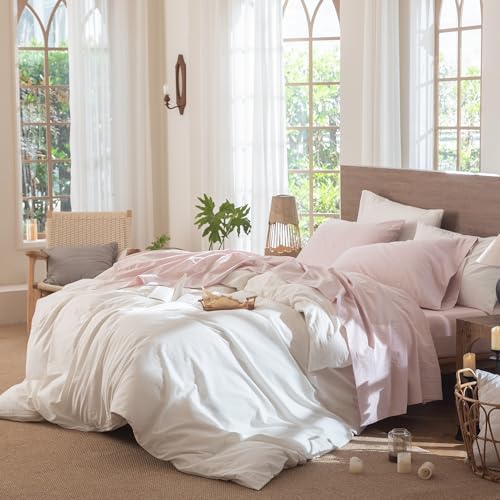 Image of MooMee Sheet Set 100% Washed Cotton Linen-Like Extra Deep Pocket King | Relaxed Linen-like Texture. Soft, Breathable & Lightweight Comfort. 15-19 inch Extra Deep Pocket with All-around Elastic