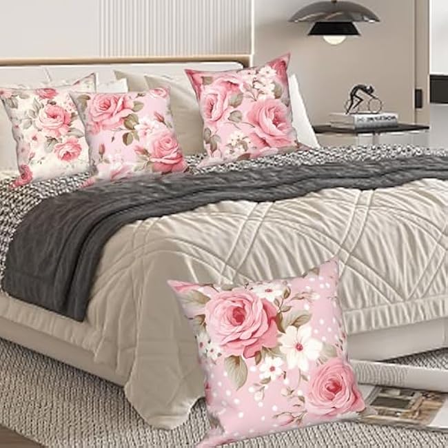 4 Pcs/Set Floral Pillow Covers Pink Rose Flowers Green Leaves Vintage Watercolor Blooming Plants Romantic Valentine Throw Pillow Covers for Outdoor Couch Sofa Bedroom Decor, 16x16