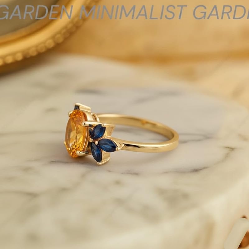 14K Gold Plated Oval Citrine and Blue Sapphire Marquise Flower Statement Ring Women Ring Handmade Jewelry GMR126