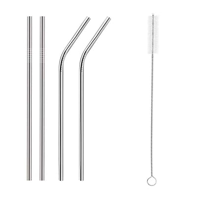 Oblivion Stainless Steel Straws with Cleaning Brush for Kids & Adults | Bent Reusable Metal Straws (Pack of 2 Straight &