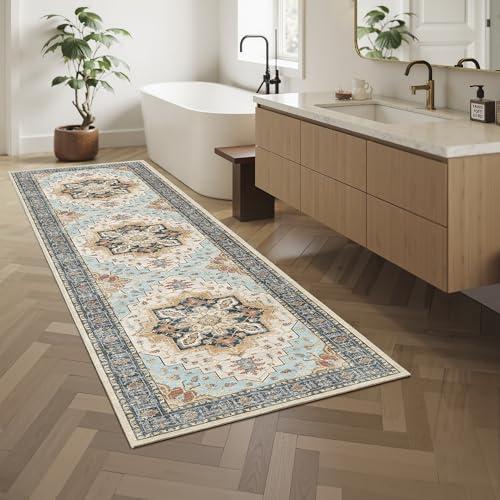 Madane Runner Rug 2x8, Washable Hallway Runner Rugs, Non-Slip Low-Pile Soft Kitchen Rug Runner Laundry Room Rug, Vintage Throw Entry Foyer Mat for Entrance Living Room (Orange/Blue, 2 x 8)