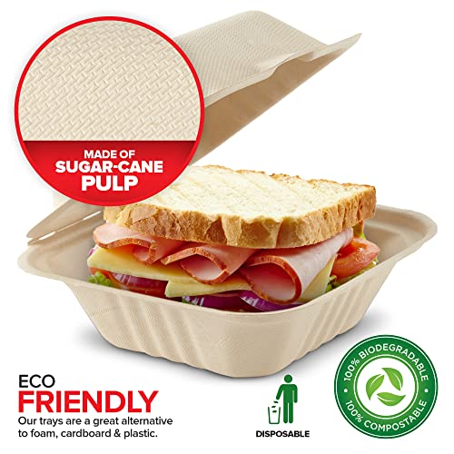 Clamshell Take Out Food Containers 6" X 6” (50 Pack) 1-Compartment, Disposable To Go Container, Togo Boxes With Lids, Trays For Lunch, Dinner, Meal-Prep, Eco Friendly, Compostable, Biodegradable #TOP2