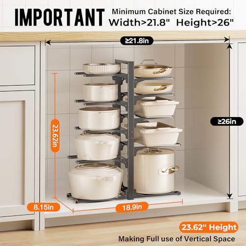 Image of MUDEELA 10-Tier Pots and Pans Organizer under Cabinet, 23.62 inch Height Heavy Duty Pot and Pan Organizer Kitchen Cabinet Organization and Storage, Adjustable Pot Rack for Frying Pan, Cast Iron Skillet