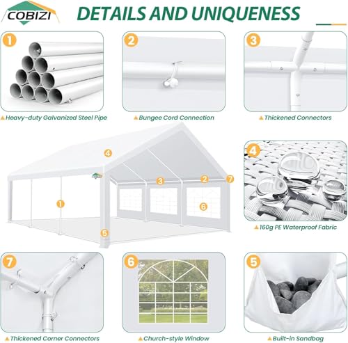 Image of COBIZI 20x20 Outdoor Party Tent Heavy Duty Waterproof Canopy Shelter with 6 Sidewalls & 10 Church Windows, White Powder Coating, Built-in Sandbag Commercial Event Tents for Parties Wedding BBQ Patio