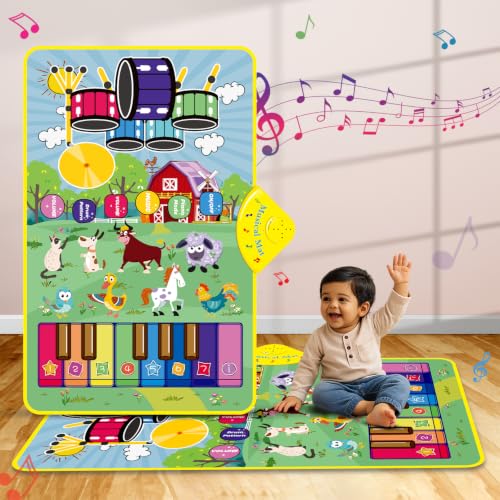 Image of 3-in-1 (Bull & Sheep ) Baby Piano Mat for , Piano & Drum Mat with 2 Sticks, Animal, Piano, and Drum Sounds, Educational Toy for 12 Months+, Ideal for 1-3 Year Toddler - Design