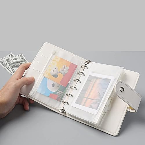 Miniatura 4 de Carpeta A7 de piel sintética blanca con 6 anillas y hojas sueltas para planificador, cuaderno con 12 unidades, 6 agujeros, bolsillos con cremallera,