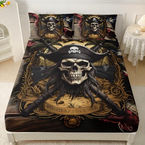 AILONEN Pirate Fitted Sheet Set for Boys, Twin American Flag Captain Skull Bed Sheet Set, 3 Pieces Retro Skull Sheet Nautical Skeleton Fitted Sheet and 2 Pillowcases