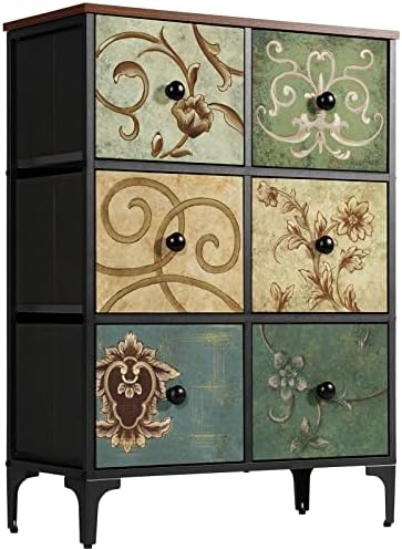 AOPSEN Dresser with 6 Drawers, Tall Storage Dresser for Bedroom, Modern Chest of Drawers for Closet, Living Room, Nursery, Wood Top, Fabric Drawers