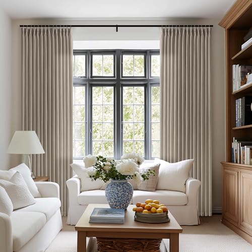 Image of Taupe Pinch Pleated Semi Sheer Linen Curtains 108 Inch Long for Living Room | Floor To Ceiling Extra Long, Textured Faux Linen, Drapes, Hook Rings Memory Shape, Gray Beige, Light Filtering Privacy, Boho