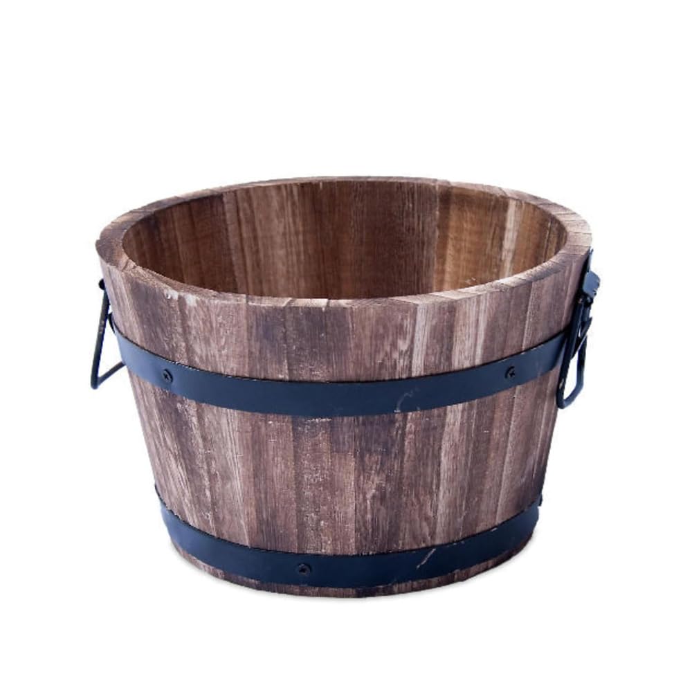 Shopior Pack Of 1 Rustic Round Burnt Wood Whiskey Barrel Planter – Outdoor Wooden Garden Plant Pot With Handles – Weatherproof Flower Tub With Drainage – Decorative Patio & Balcony Planter (20Cm 8Inch 1Pack)