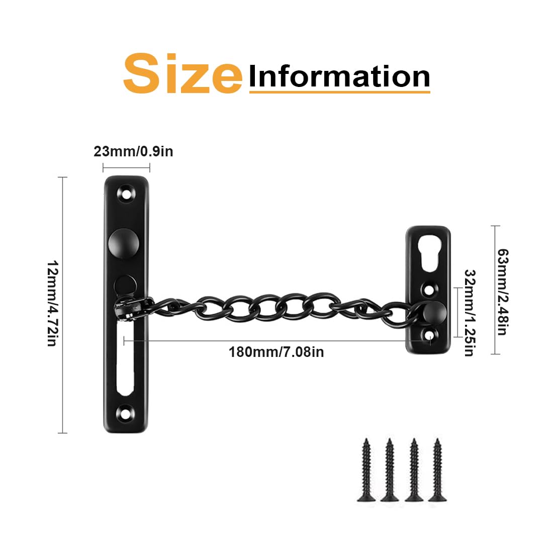 Cadena Puerta - 1 pcs Cadena Seguridad Puerta,Cerradura Puerta Interior Cadena Seguridad Puerta Negro Acero Inoxidable con Tornillos para Puerta Interior y Seguridad del Hogar