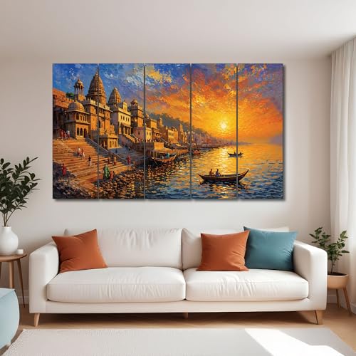 Image of The Castle Decor Banaras Ghat Paintings for Living Room | Varanasi Ghat Ganga River Wall Art | Indian Traditional Wall Painting for Decor (Multi Color - Design 7, 27x48 Inch)