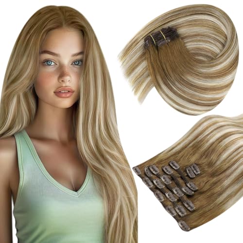 Image of Sunny Hair Clip in Hair Extensions Real Human Hair Brown Ombre Balayage | 18 Inch Light Brown Balayage Platinum Blonde Remy Hair Clip in Extensions with Double Weft for Special Occasion Hair 120g