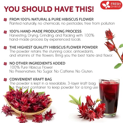 Image of FreshDrinkUS, Premium 16oz Hibiscus Flower Powder, 100% Natural and Pure from Hibiscus Flowers, Natural Food Coloring, No Additives, No Gluten, No Sugar, Vegan