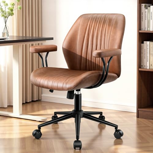 HeroSet Leather Office Chair with Removable Armrests, Mid Back Ergonomic Desk Chair with Lumbar Support, Adjustable Height Rocking Swivel Executive Chair for Home Office, Brown