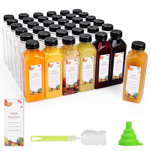 OBKJJ Plastic Juice Bottles 150 pcs 16 oz Empty Plastic Water Bottles with Caps Reusable Clear Beverage Containers for Drinking, Juicing, Smoothie, Water with 2 Brushes, 2 Funnels (16-OZ)