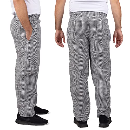 Elite Kitchens Apparel - Professional Chef Work Pants for Men, Polyester Men’s High Waisted Pants, Adjustable Chef Apparel with Deep Pockets, Gray and White Checkered Utility Pants, Large