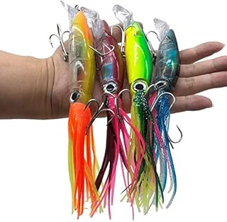 DAMIDEL 4 Pcs Large Simulation Squid Fishing Lures Bait Kit, Over 5.5 in/ 43g, 3D Holographic Eyes,Built-in Multicolored Lead BlocksThrough Heavy Duty ,Stable and Tempting