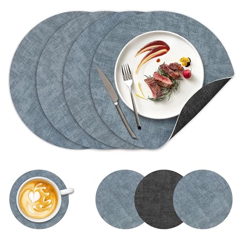 Image of 13 inch Round Placemats Set of 4, NCUE Dual-Sided Faux Leather Heat Resistant Table Mats, Waterproof Oilproof Washable Protective Table Placemats with Coaster, Wipeable Vinyl for Indoor & Outdoor Use